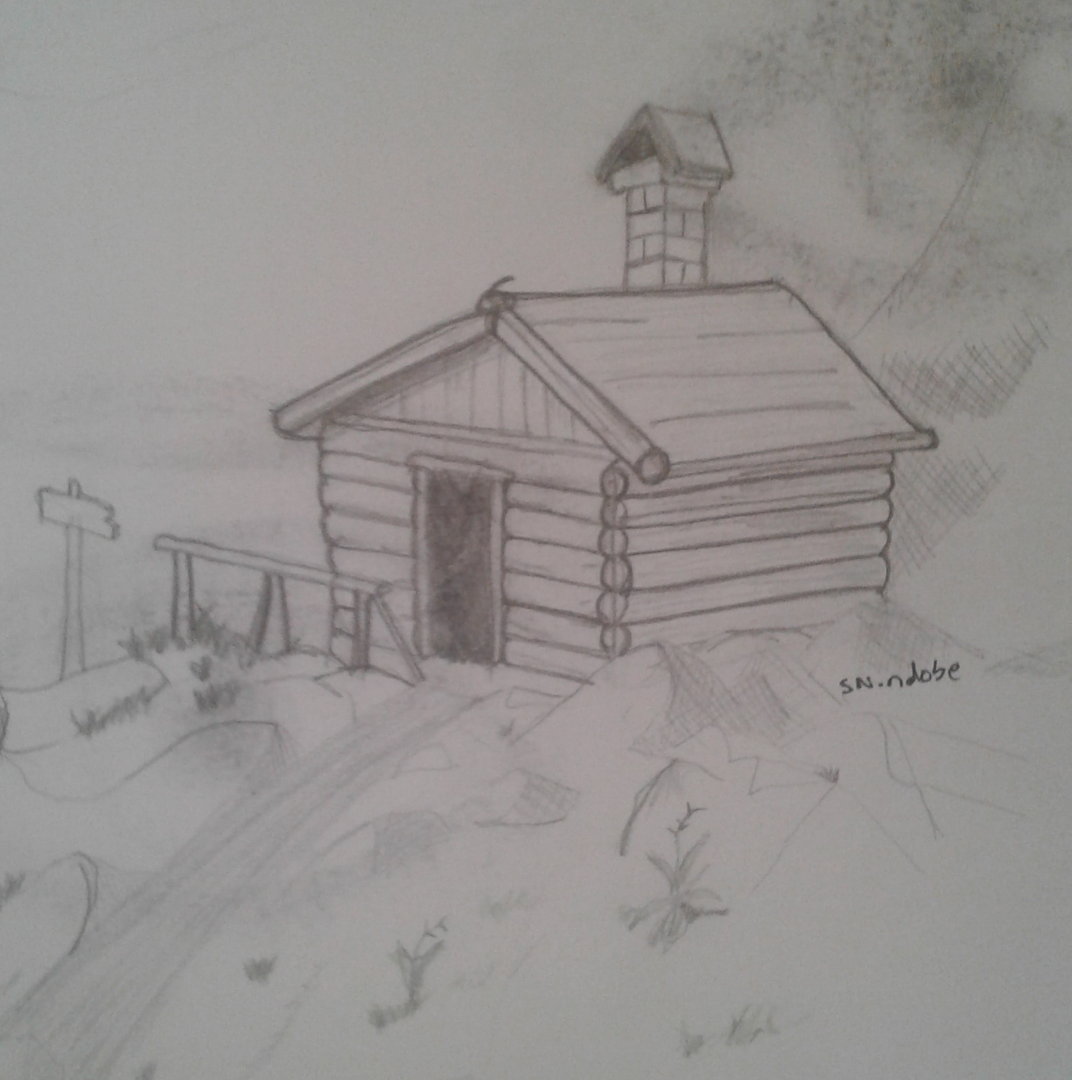 A pencil sketch of a cottage